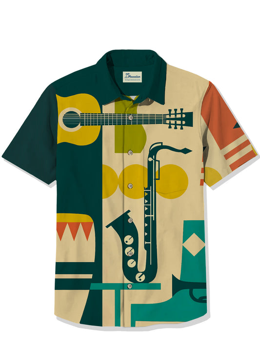 Mens Vintage Guitar and saxophone Print Hawaiian Lapel Shirts