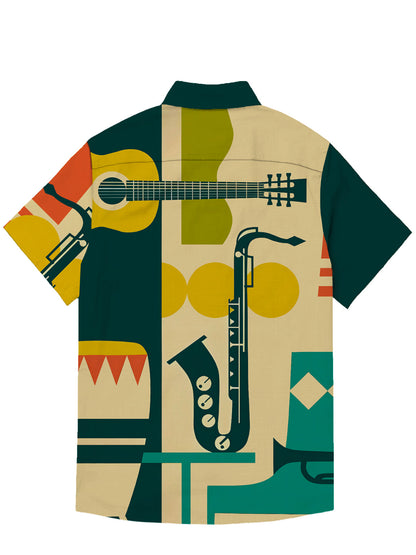 Mens Vintage Guitar and saxophone Print Hawaiian Lapel Shirts