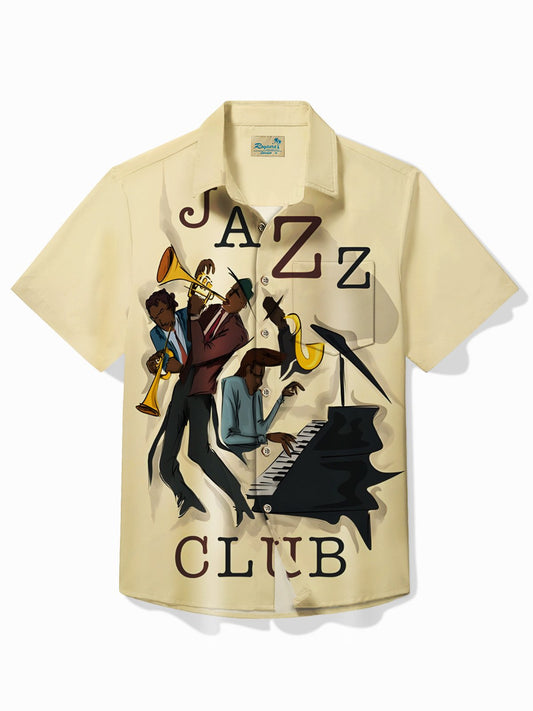 50's Retro Jazz Men's Shirt Cartoon Trumpet Pocket Camp Shirt Big Tall