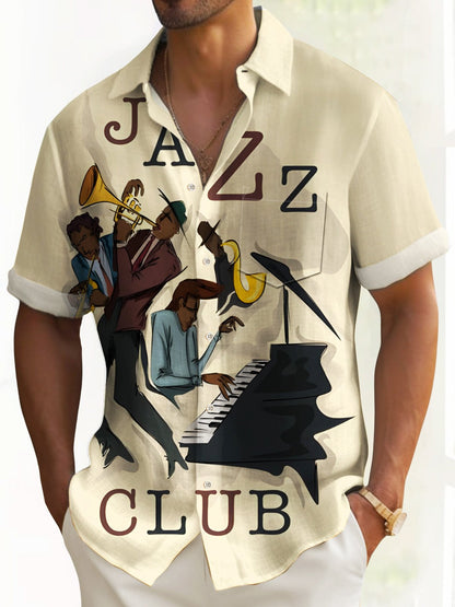 50's Retro Jazz Men's Shirt Cartoon Trumpet Pocket Camp Shirt Big Tall