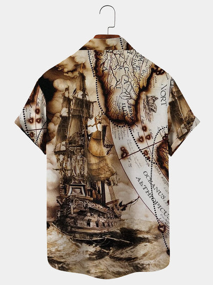 50’s Vintage Men's Hawaiian Shirt Pirate Ship Nautical Map Shirts