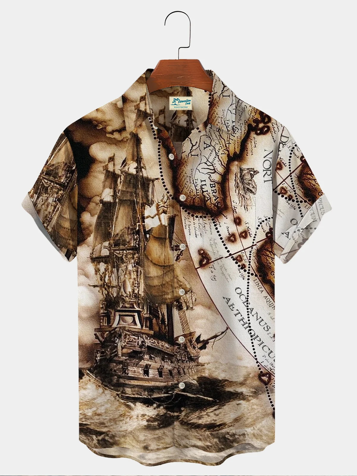 50’s Vintage Men's Hawaiian Shirt Pirate Ship Nautical Map Shirts