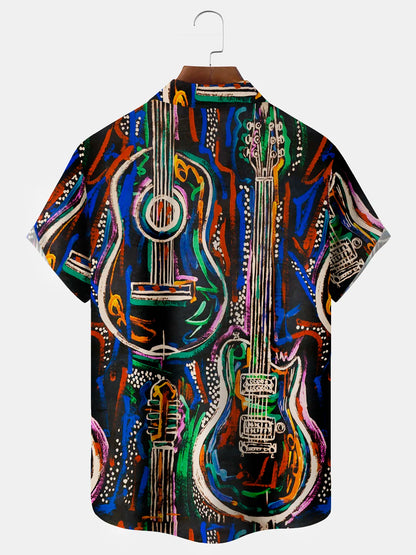 Vintage Art Music Guitar Black Men's Aloha Shirts Stretch Plus Size Camp Button Shirts