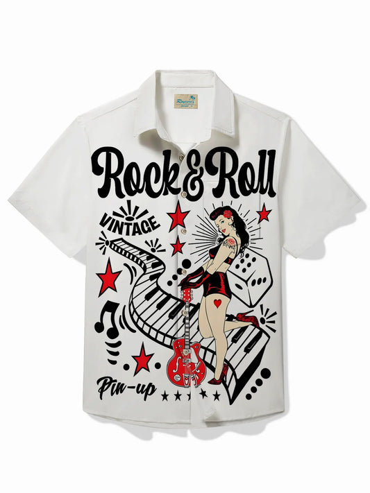 50's Retro Music Shirt Rock & Roll Pin Up Girl Art Wrinkle Free Seersucker Pocket Camp Shirt Big Tall