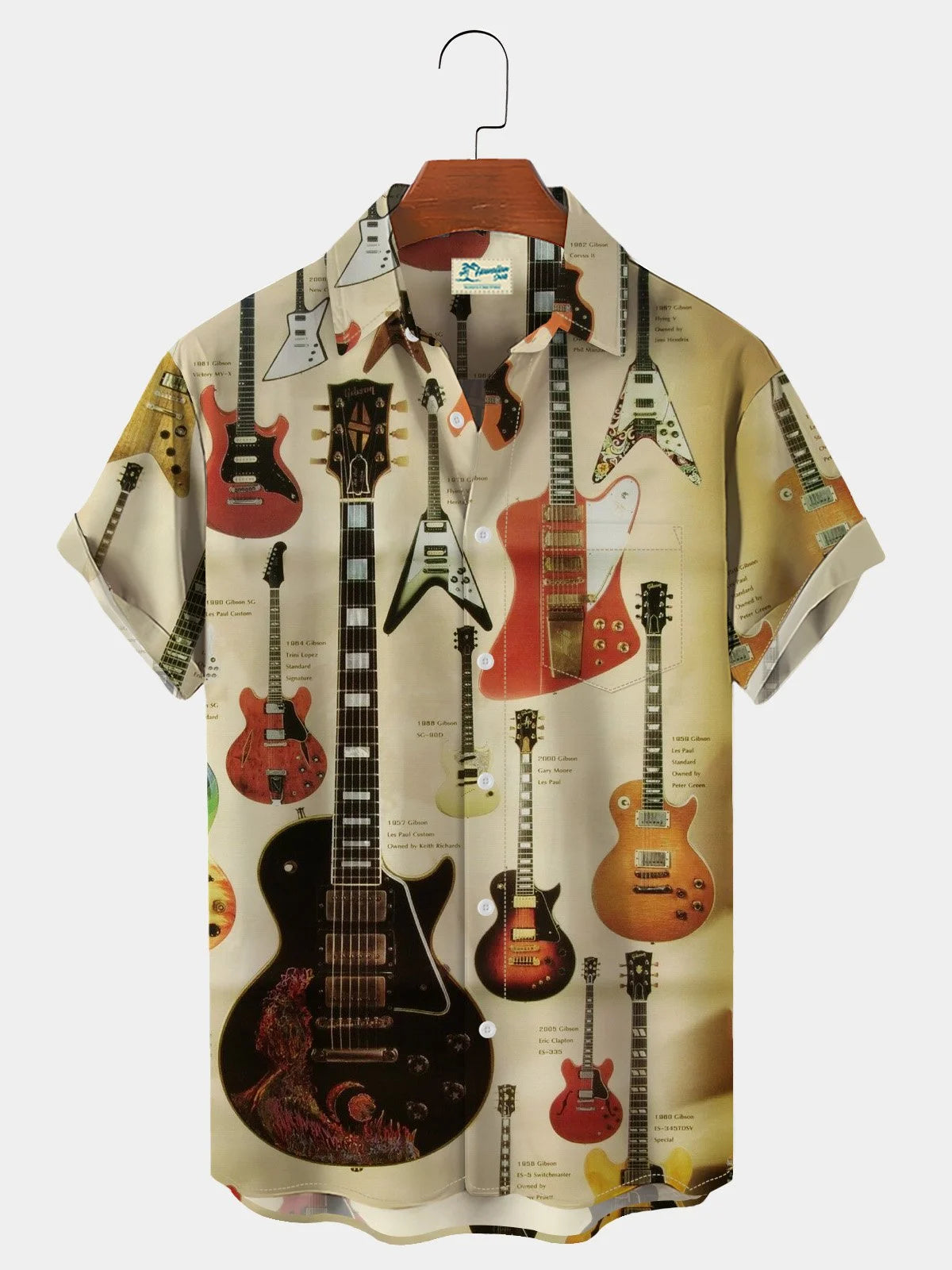 Men's 60's Vintage Guitar Short Sleeve Lapel Shirt