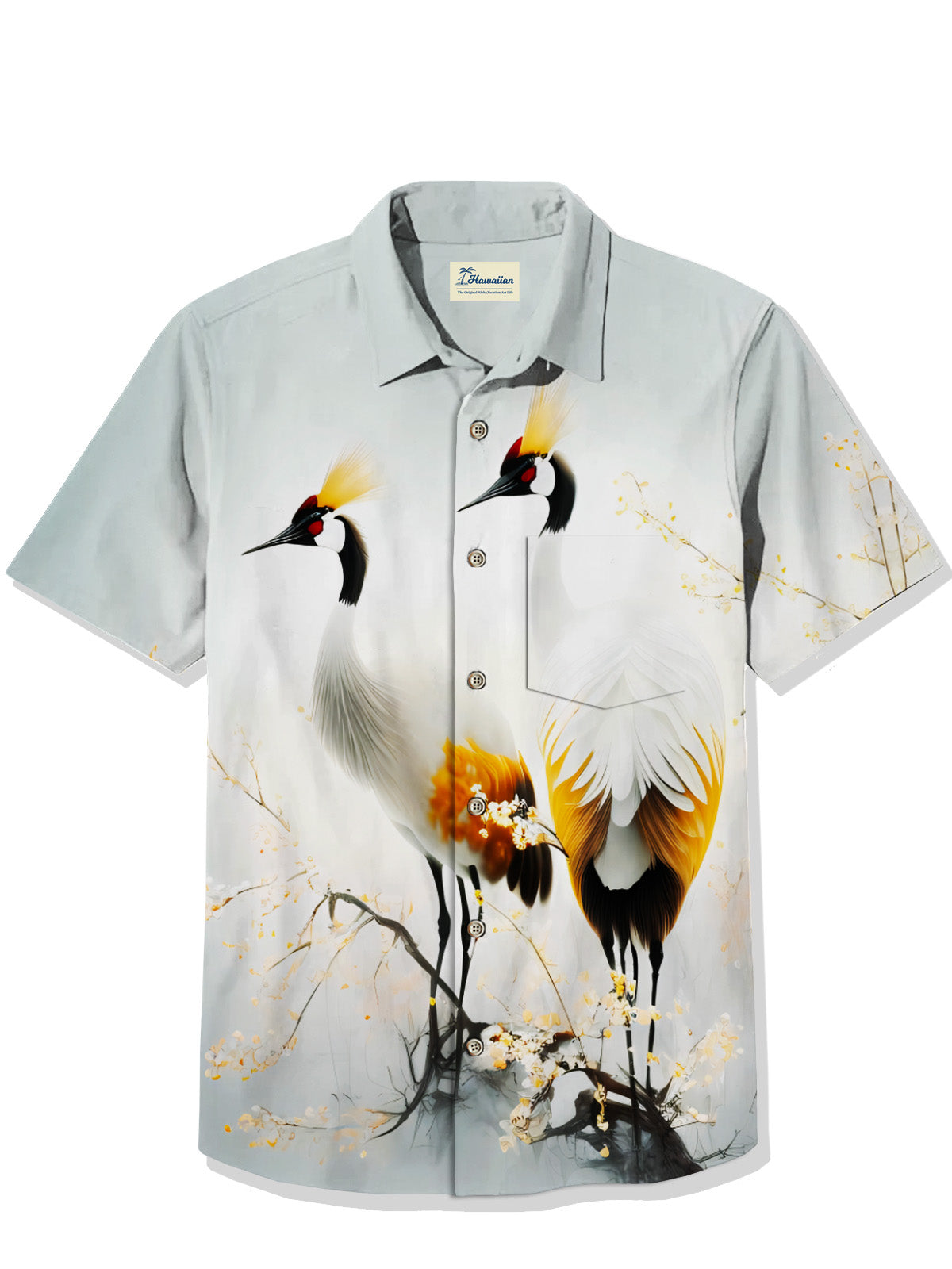 Yaikiki Men Crane Print Short Sleeve Hawaiian Shirt