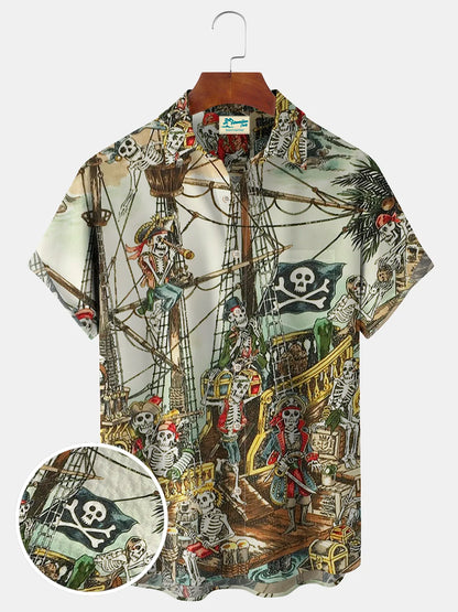 Vintage Skull Pirate Print Men's Vacation Hawaiian Big and Tall Aloha Wrinkle-Free Shirt