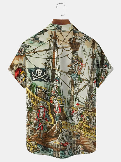 Vintage Skull Pirate Print Men's Vacation Hawaiian Big and Tall Aloha Wrinkle-Free Shirt