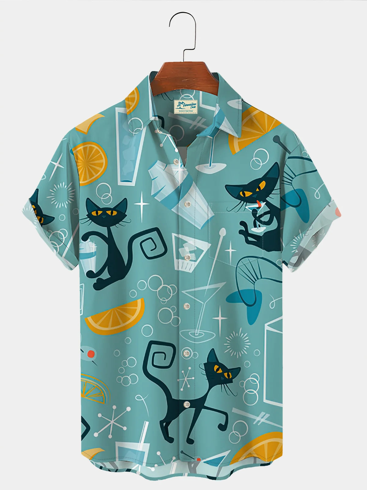 50's Vintage Men's Hawaiian Shirts Cocktail Cat Oversized Stretch Aloha Shirts