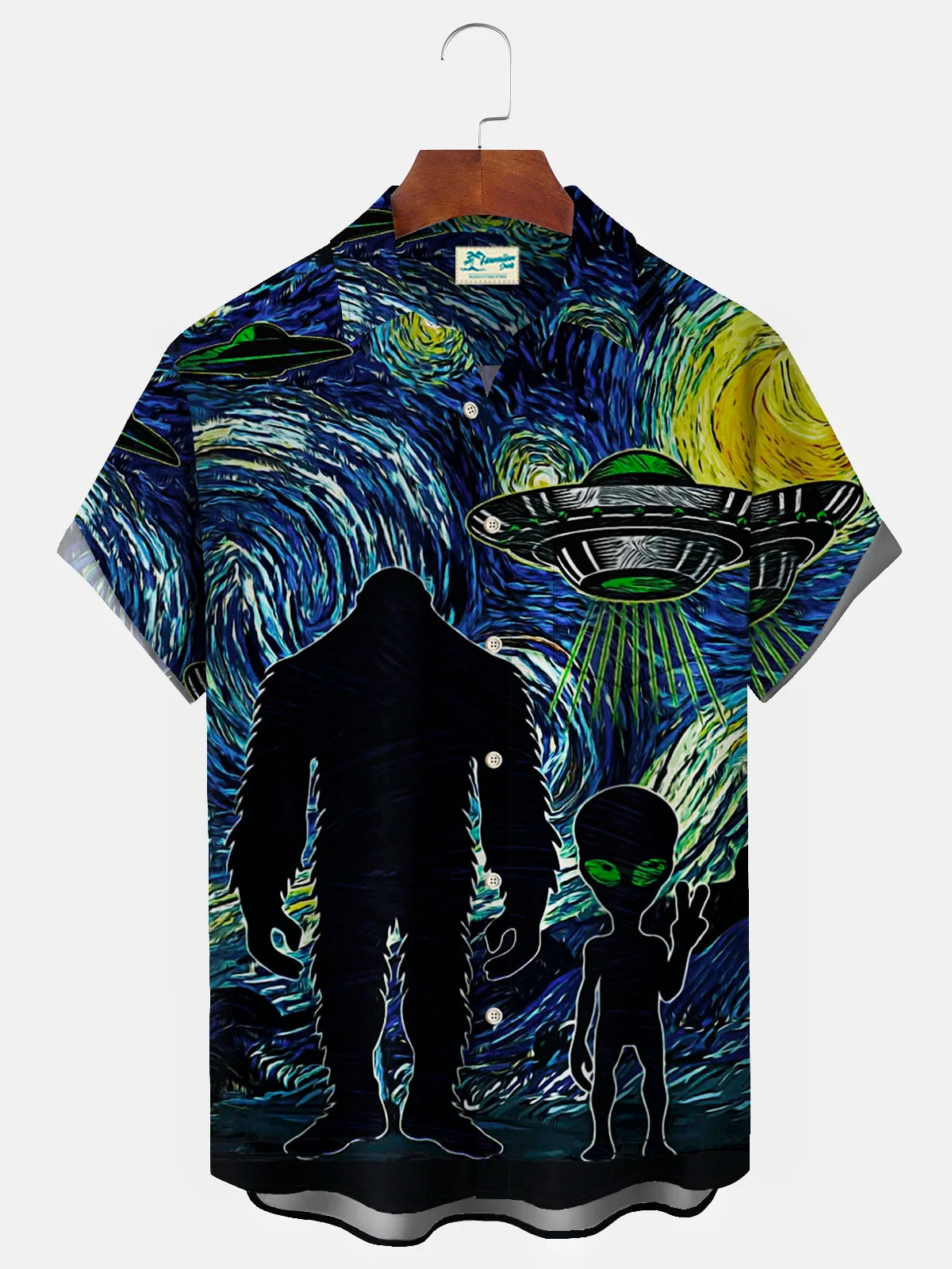 Mysterious Animals Bigfoot & ET Blue Men's Hawaiian Shirts Art Stretch Wrinkle Free Seersucker Aloha Camp Pocket Shirts