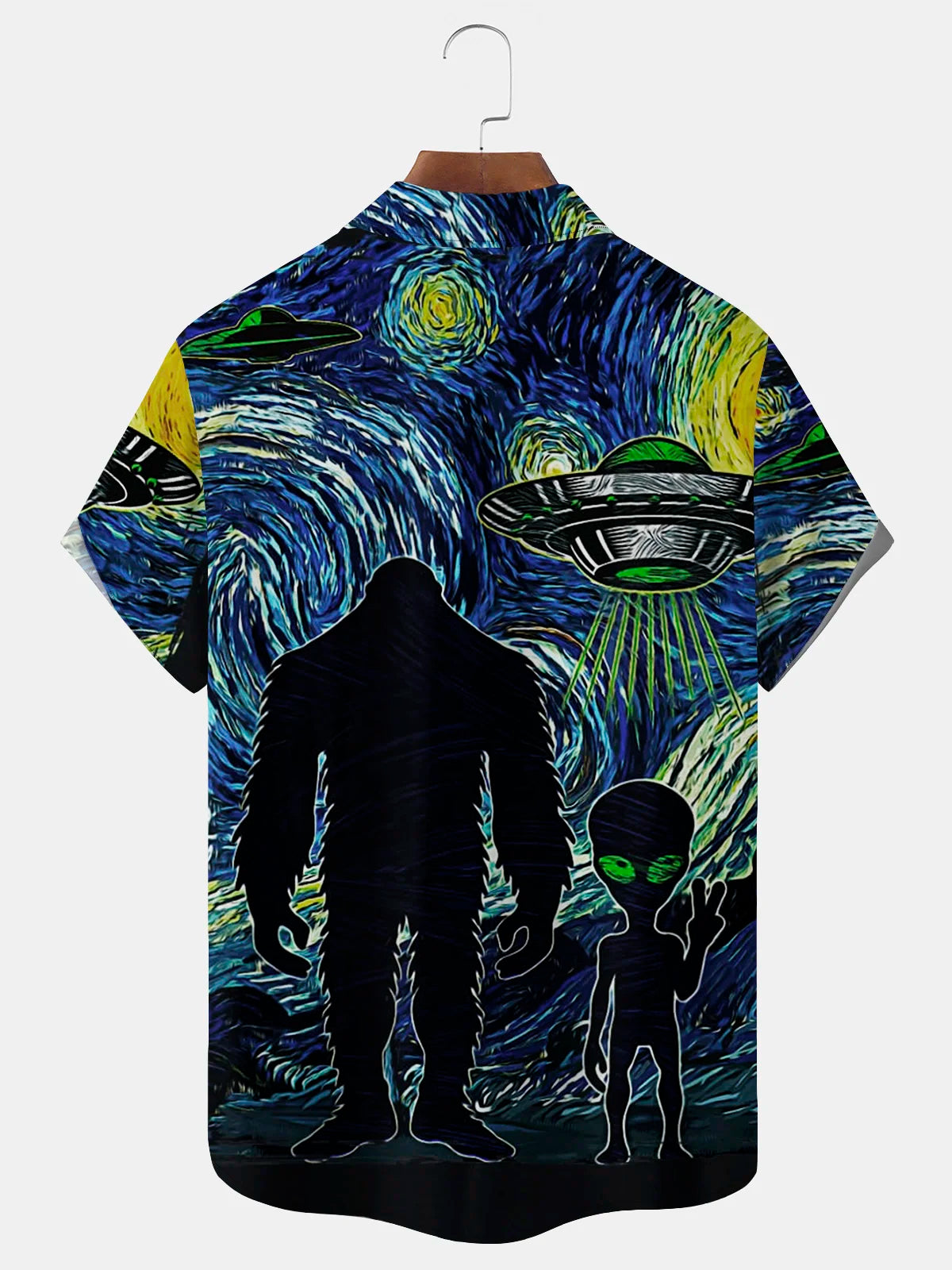 Mysterious Animals Bigfoot & ET Blue Men's Hawaiian Shirts Art Stretch Wrinkle Free Seersucker Aloha Camp Pocket Shirts