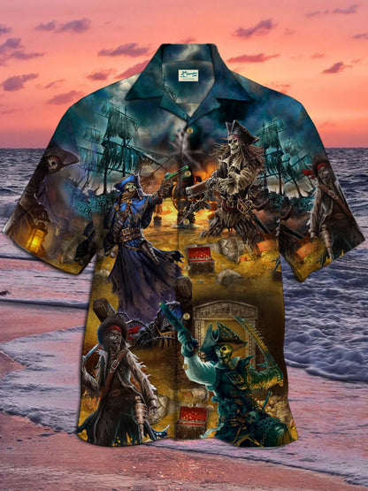 Skull Hunting Treasure Journey Print Beach Men's Hawaiian Shirt with Pockets