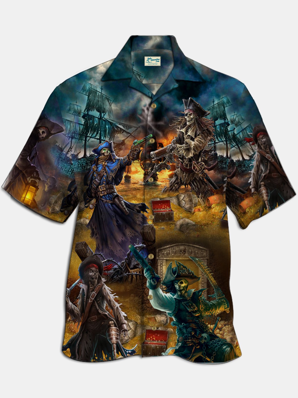 Skull Hunting Treasure Journey Print Beach Men's Hawaiian Shirt with Pockets