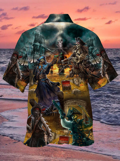 Skull Hunting Treasure Journey Print Beach Men's Hawaiian Shirt with Pockets