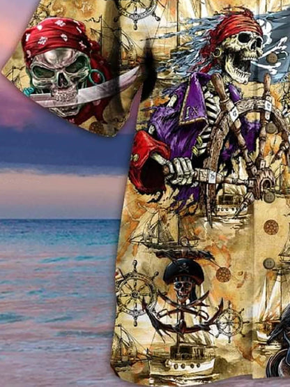 Men's Pirate Skull Shirt Collar Vintage Comfortable-Blend short Sleeve Tops