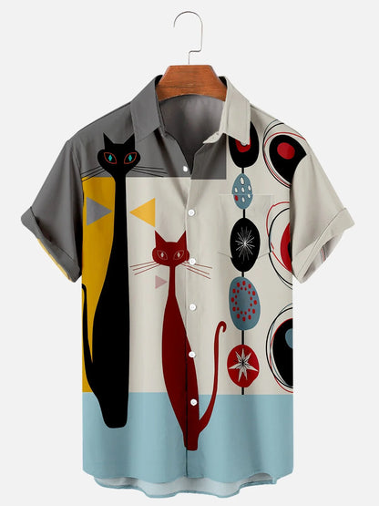 Men's Abstract Vintage Shirt Cat Printed Collar Tops