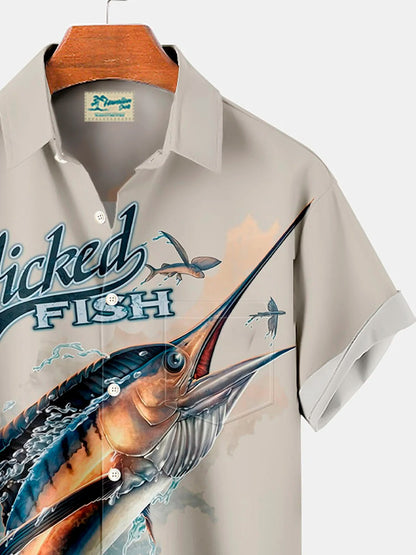 Hawaiian Swordfish Sailfish Print Men's Button Down Pocket Shirt