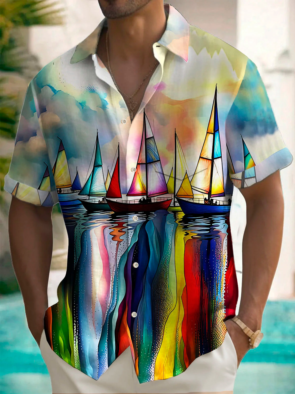 Hawaiian Sailing Art Oil Painting Print Men's Button Pocket Short Sleeve Shirt