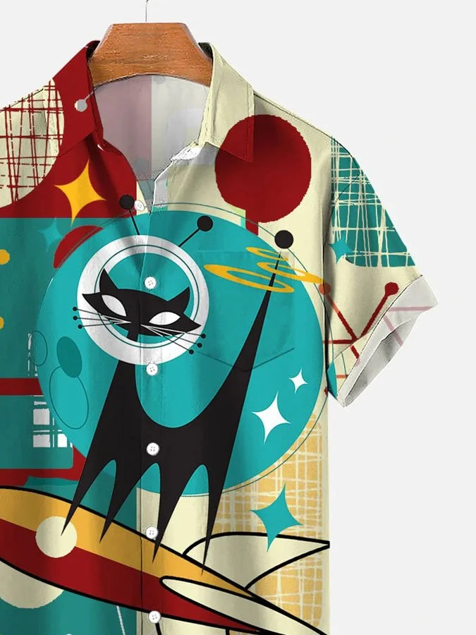 Men's Mid-Century Modern Atomic Cat In Space Print Shirt