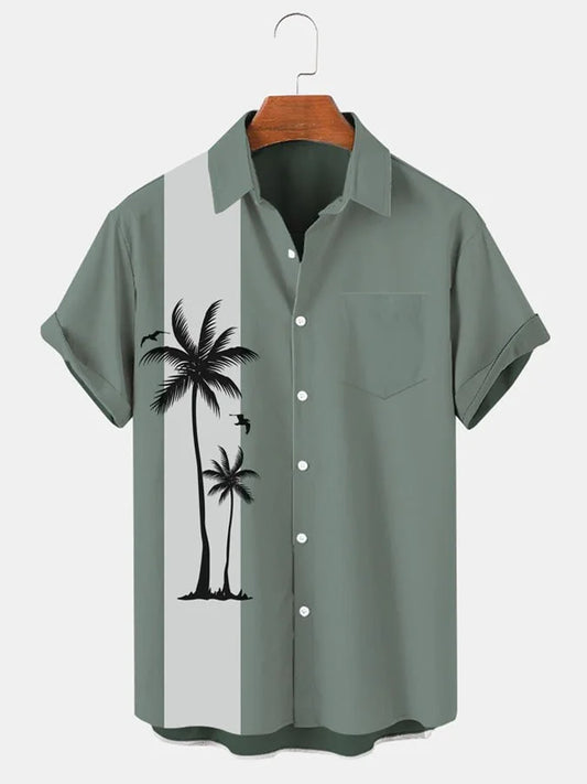 Mens Beach Print Casual Breathable Short Sleeve Shirt Coconut Tree Bowling Shirts