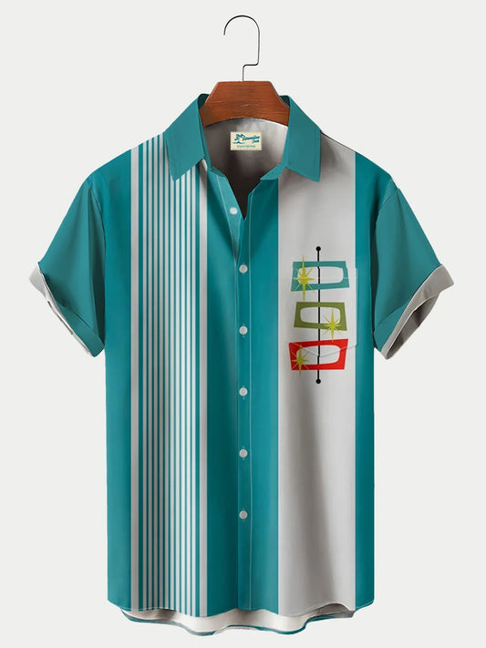 Men's Geometric Stripe Contrast Print Short Sleeve Bowling Shirt