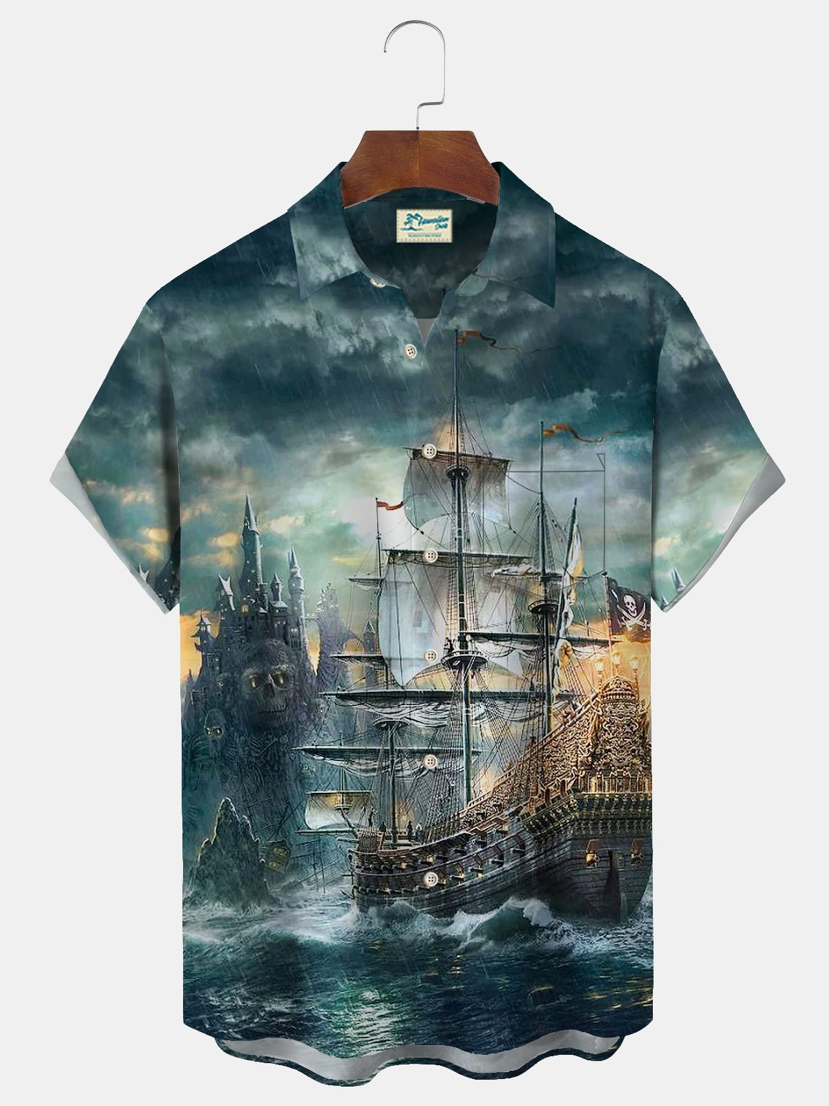 Vintage Nautical Pirate Ship Print Men's Button Pocket Shirt