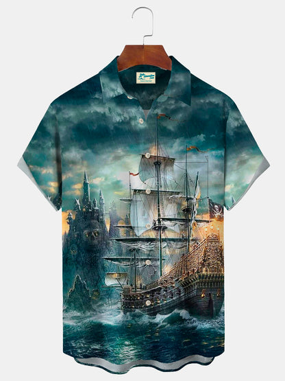 Vintage Nautical Pirate Ship Print Men's Button Pocket Shirt