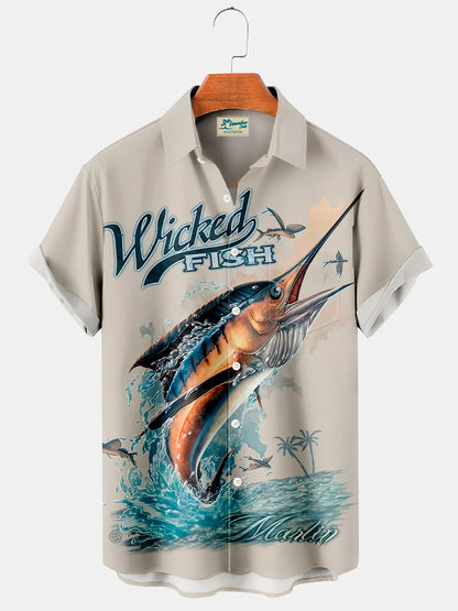 Hawaiian Swordfish Sailfish Print Men's Button Down Pocket Shirt