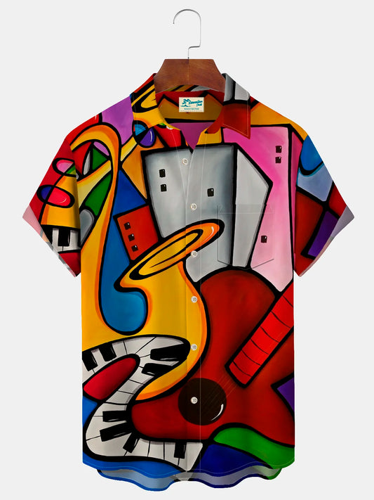 Vintage Musical Instrument Art Print Men's Button Pocket Shirt