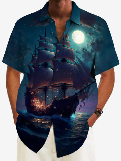 Vintage Pirate Ship Print Chest Pocket Shirt Plus Size Men's Shirt