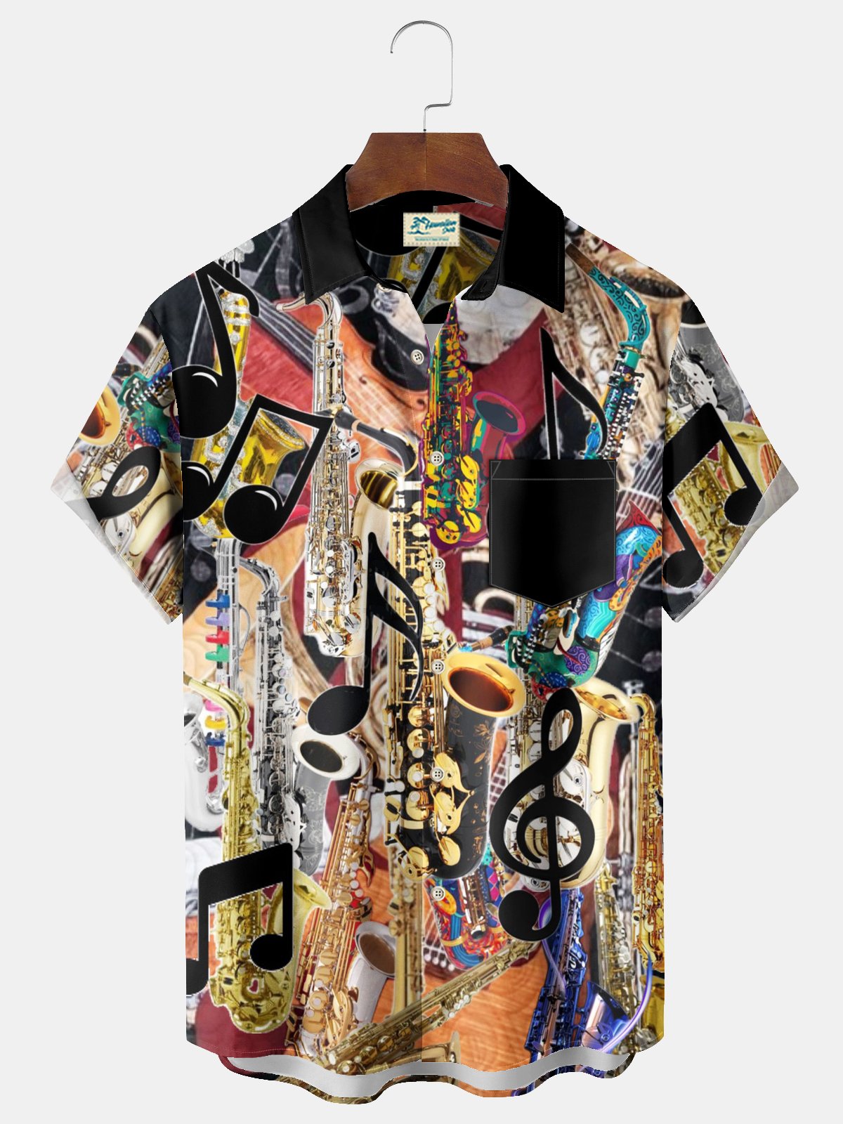 Vintage Music Note Print Chest Pocket Shirt Plus Size Men's Shirt Big Tall