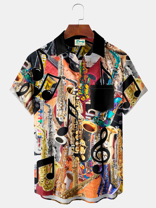 Vintage Music Note Print Chest Pocket Shirt Plus Size Men's Shirt Big Tall