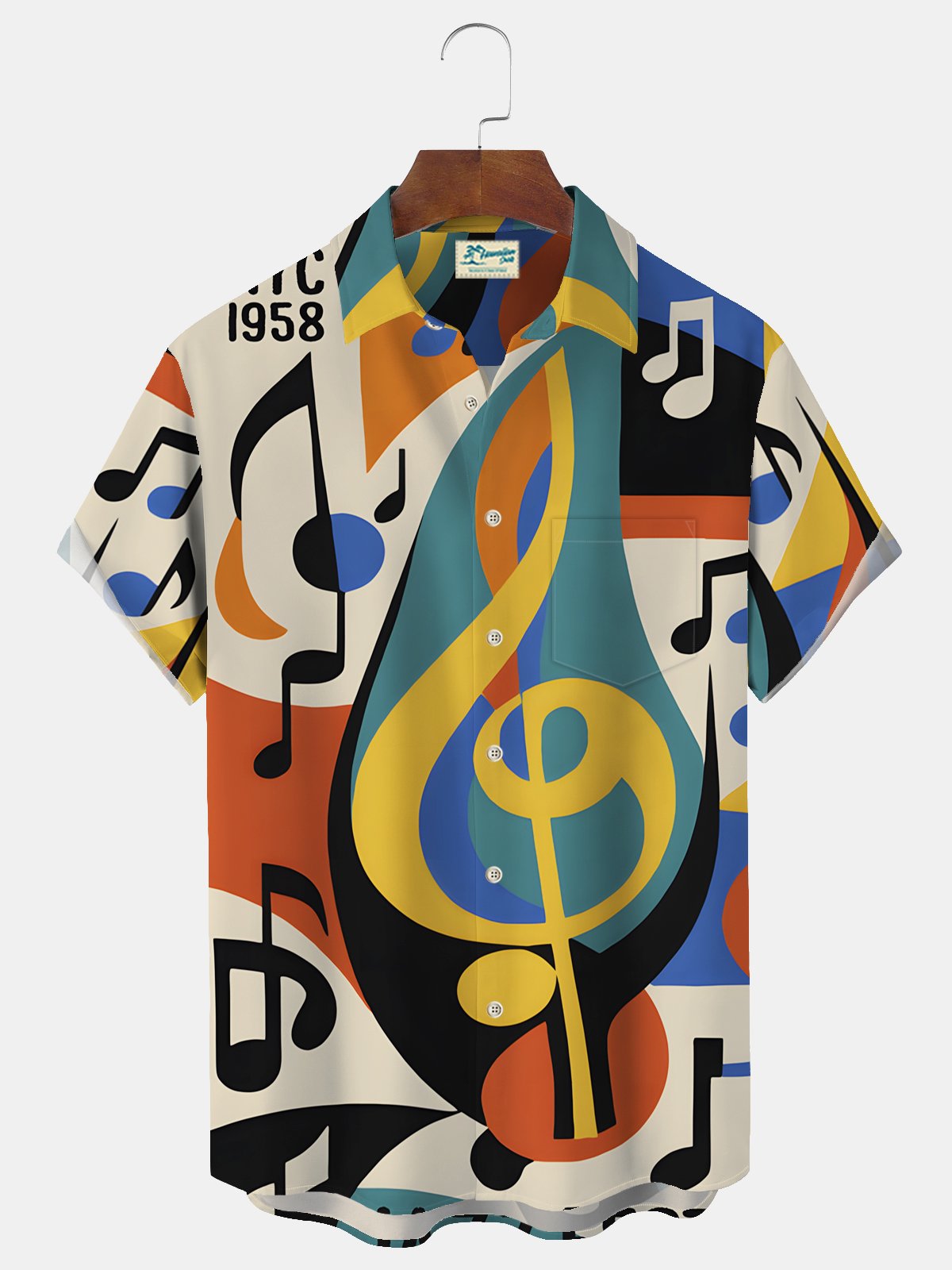 Vintage Music Note Print Men's Chest Pocket Stretch Shirt Big Tall