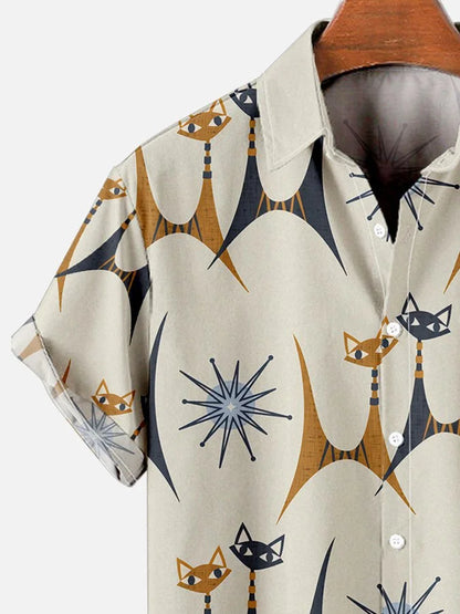 Men's Cute Cat Geometric Printed Casual Vintage Shirts