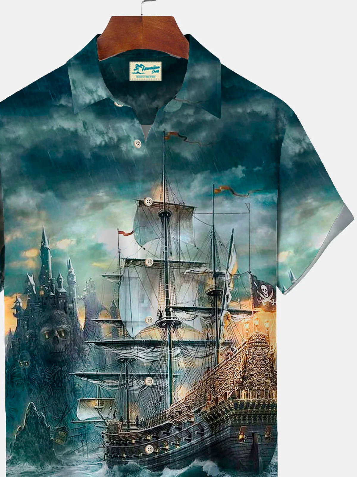 Vintage Nautical Pirate Ship Print Men's Button Pocket Shirt