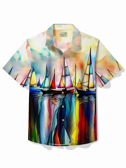 Hawaiian Sailing Art Oil Painting Print Men's Button Pocket Short Sleeve Shirt