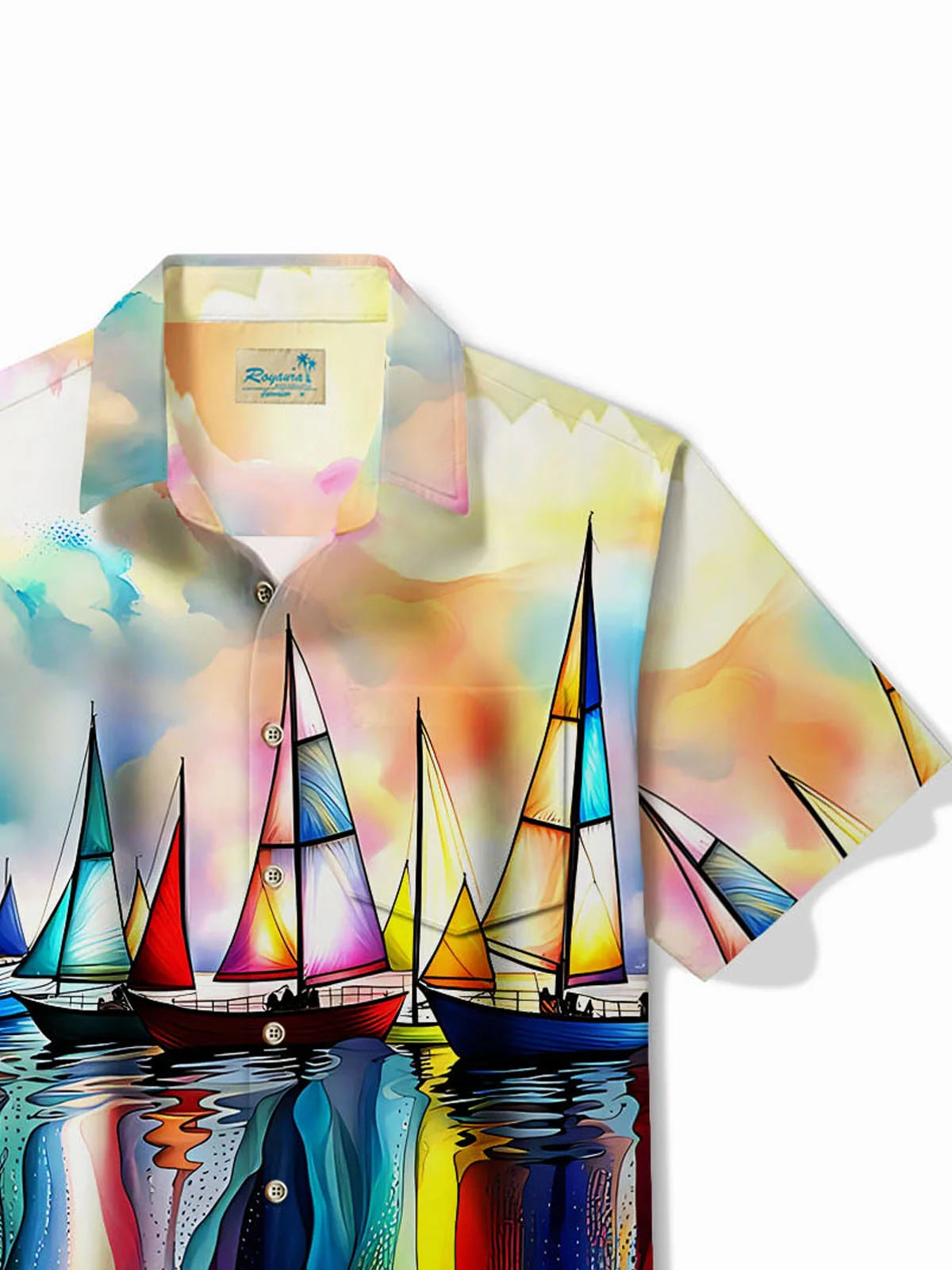 Hawaiian Sailing Art Oil Painting Print Men's Button Pocket Short Sleeve Shirt