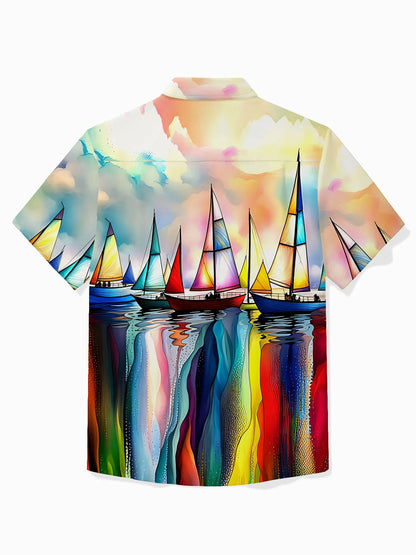 Hawaiian Sailing Art Oil Painting Print Men's Button Pocket Short Sleeve Shirt