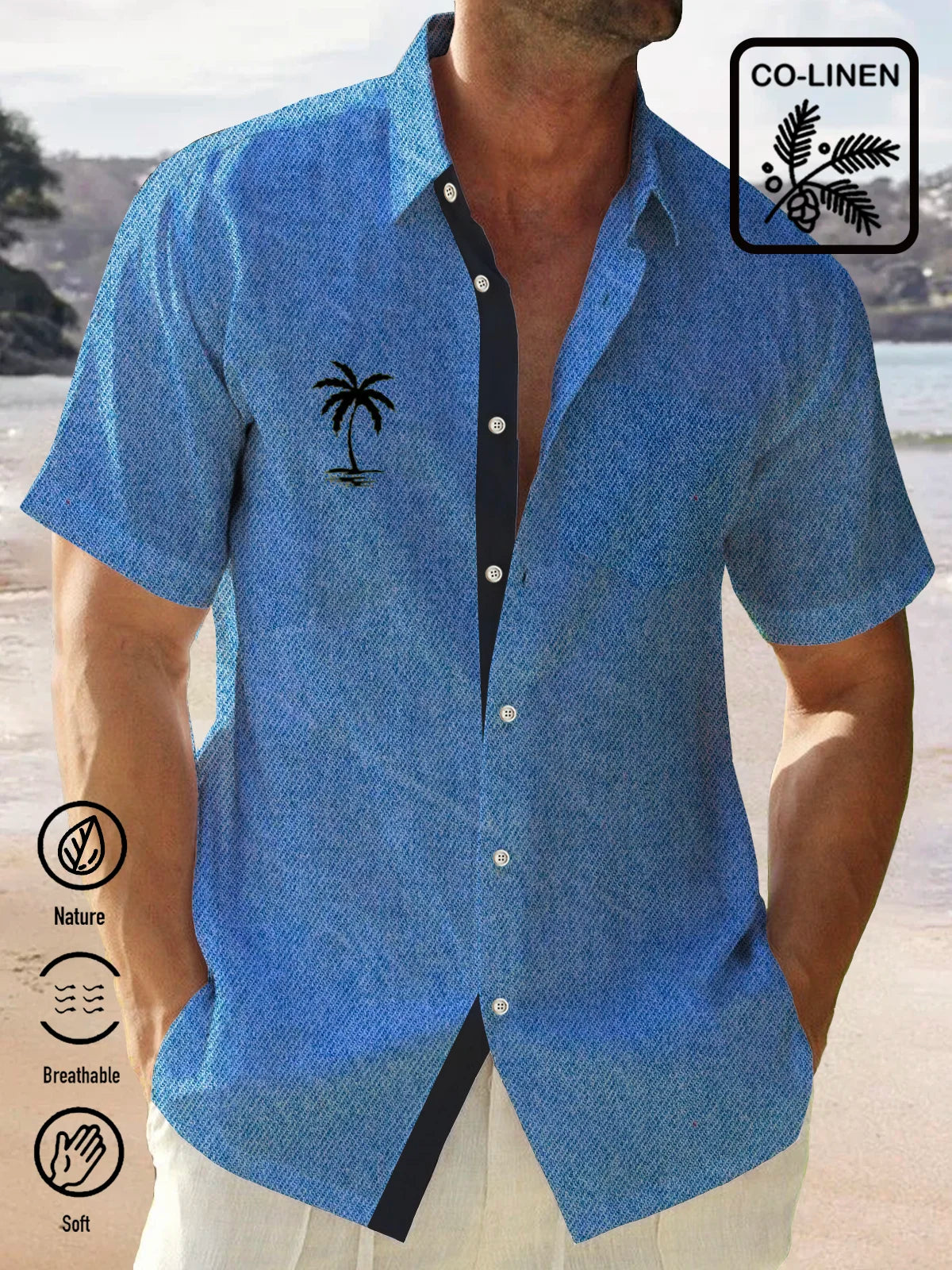 Denim Imitation Coconut Tree With Pocket Holiday Hawaiian Shirts