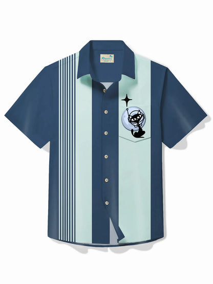 50's Retro Bowling Shirt Medieval Geometric Cat Pocket Camp Shirt