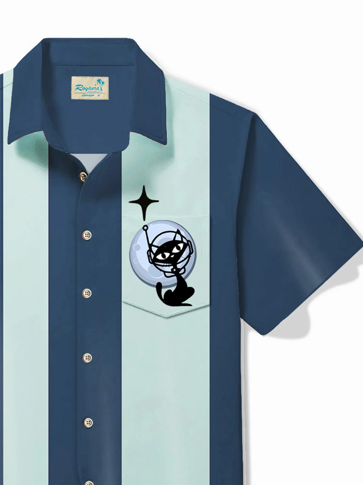 50's Retro Bowling Shirt Medieval Geometric Cat Pocket Camp Shirt