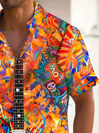 Retro Hippie Guitar Music 3D Print Men's Button Pocket Short Sleeve Shirt Big & Tall