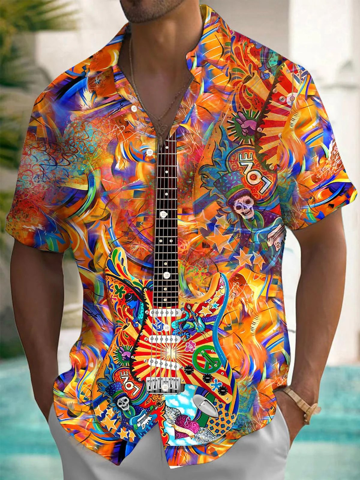 Retro Hippie Guitar Music 3D Print Men's Button Pocket Short Sleeve Shirt Big & Tall