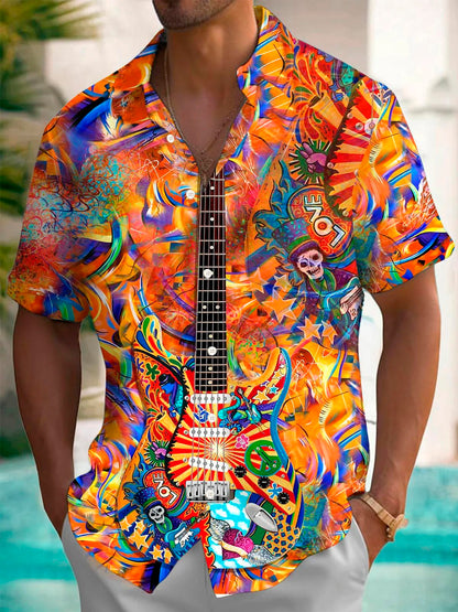 Retro Hippie Guitar Music 3D Print Men's Button Pocket Short Sleeve Shirt Big & Tall