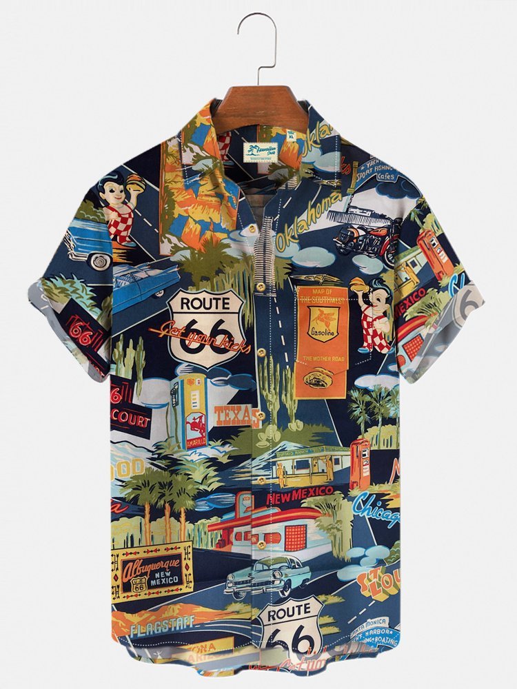 Men's Vintage Hawaiian Shirts Route 66 Classic Car Quick Dry Wrinkle Free Plus Size Tops