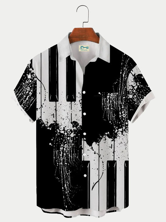 Mens music print casual breathable short-sleeved shirt