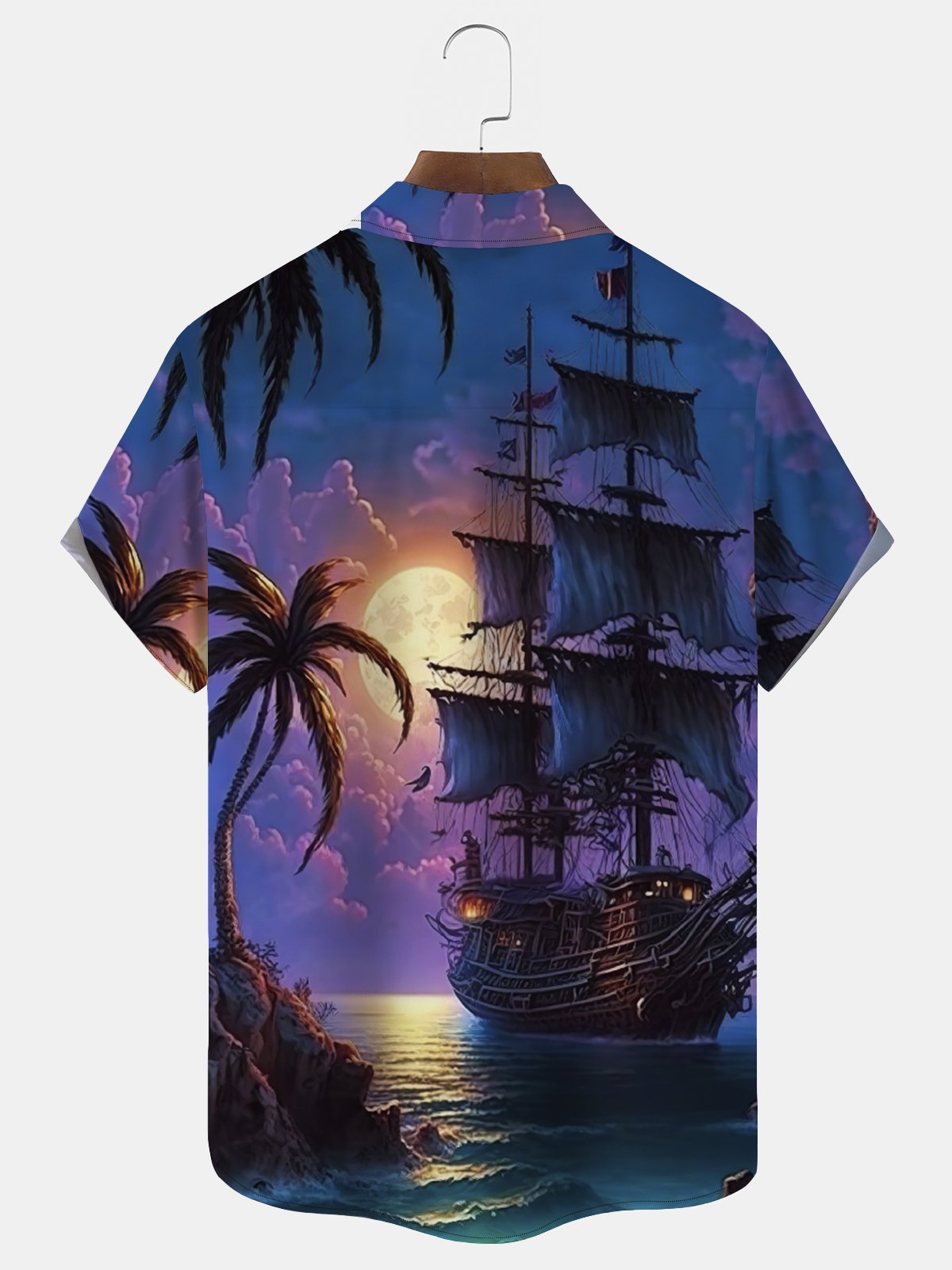 Nautical Pirate Ship Print Men's Button Pocket Short Sleeve Shirt