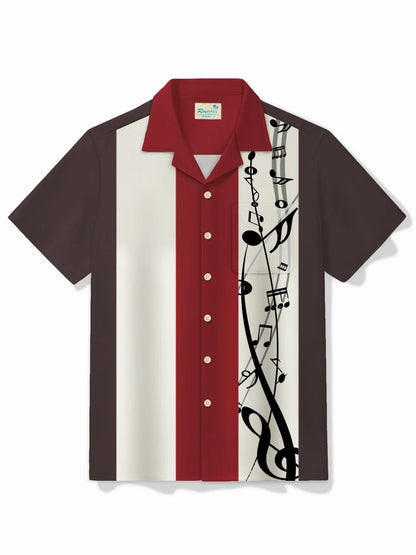 Men's Vintage Bowling Music Symbol Print Casual Hawaiian Short Sleeve Shirt