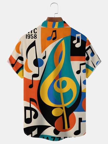 Vintage Music Note Print Men's Chest Pocket Stretch Shirt Big Tall