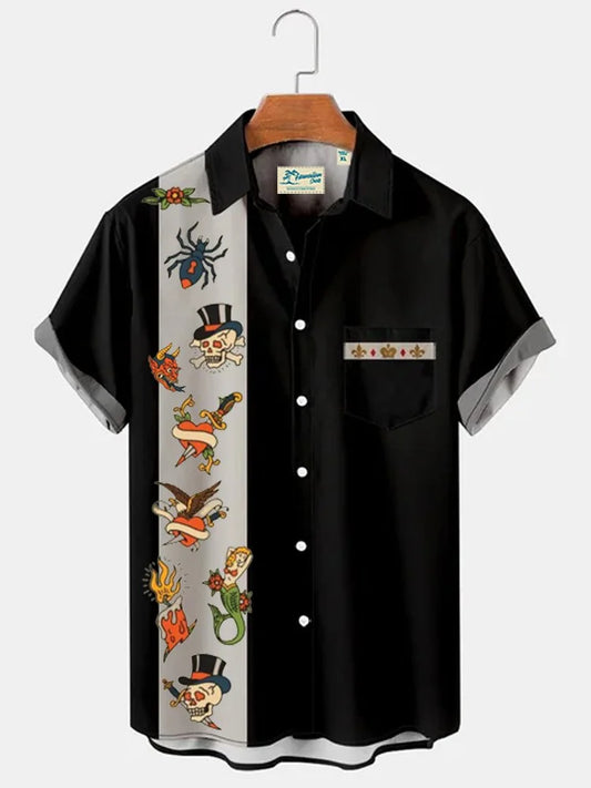 Men's Vintage Skull Halloween Print Casual Short Sleeve Shirt